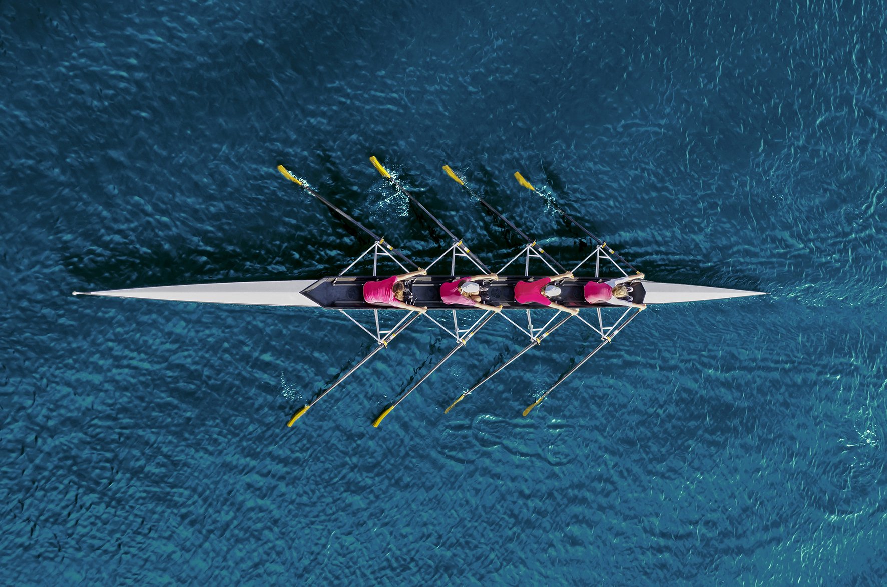 Women's rowing team on blue water, top view